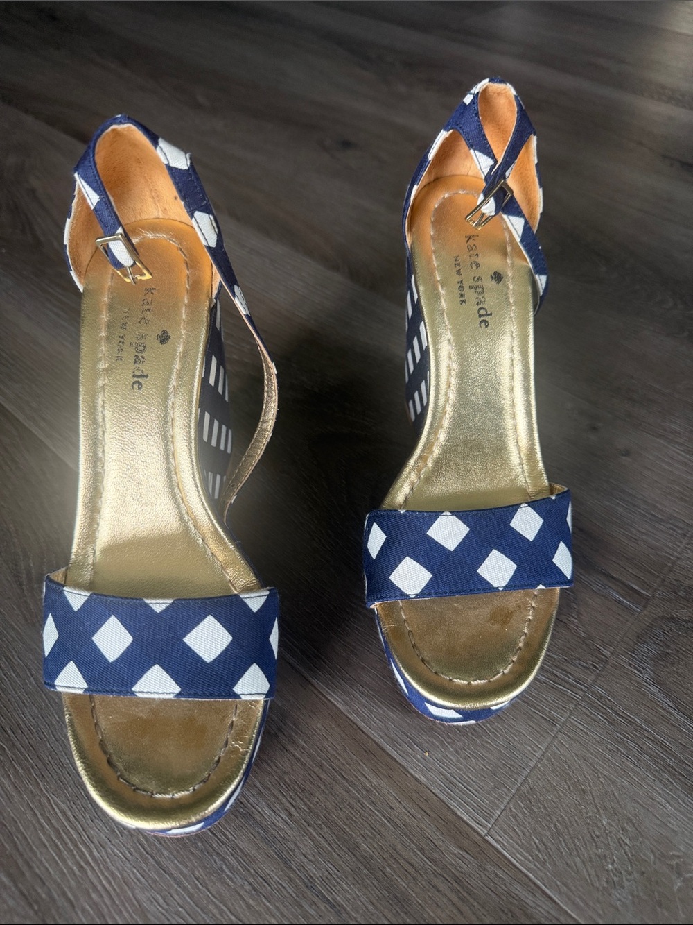 kate spade Navy and White Diamond-Print Wedge Sandals